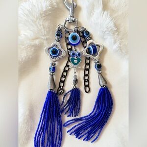 Vintage Blue Evil Eye Bag Purse Chain with Glass Seed Beaded Tassels